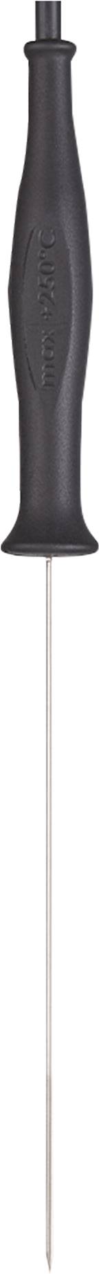 Ein langer, dünner Metallstab mit einem schwarzen, ergonomisch geformten Griff, vermutlich für kulinarische Anwendungen geeignet.