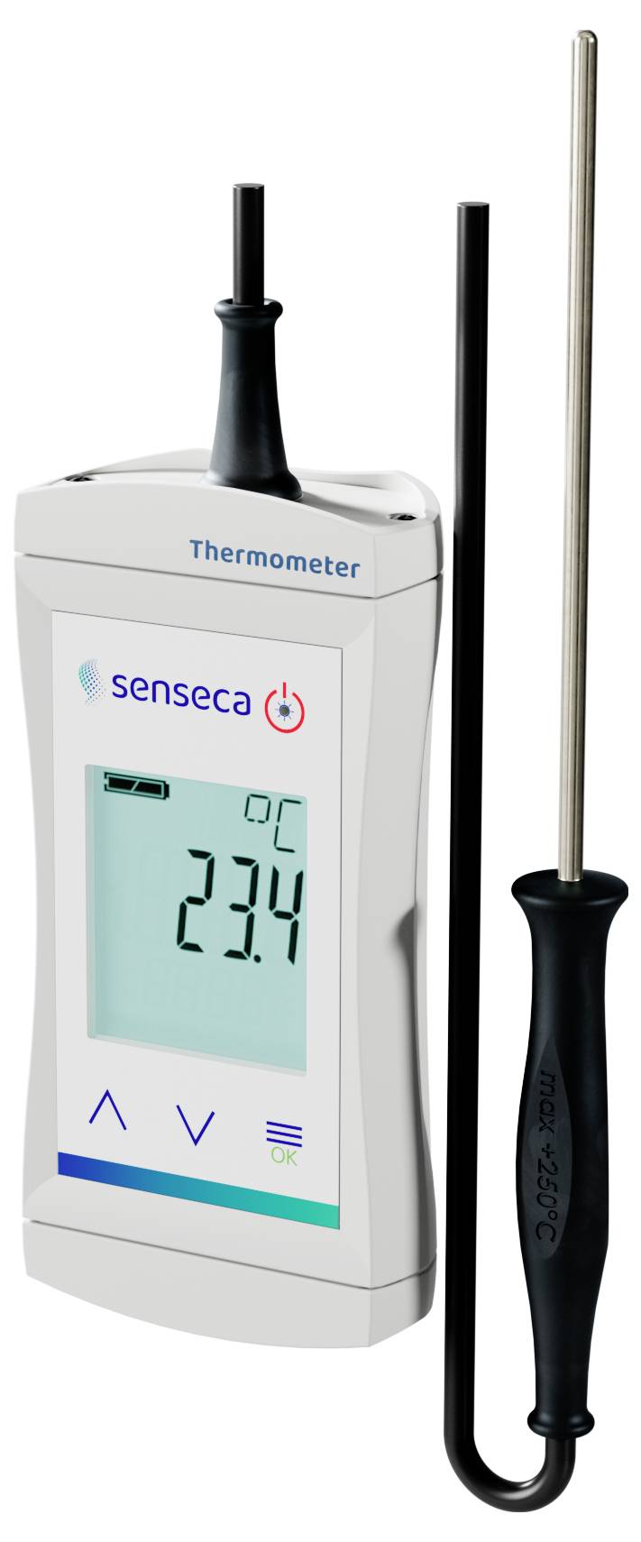 Elektronisches Thermometer mit Displayanzeige von 23,4°C. Links eine Metallsonde mit schwarzem Griff.