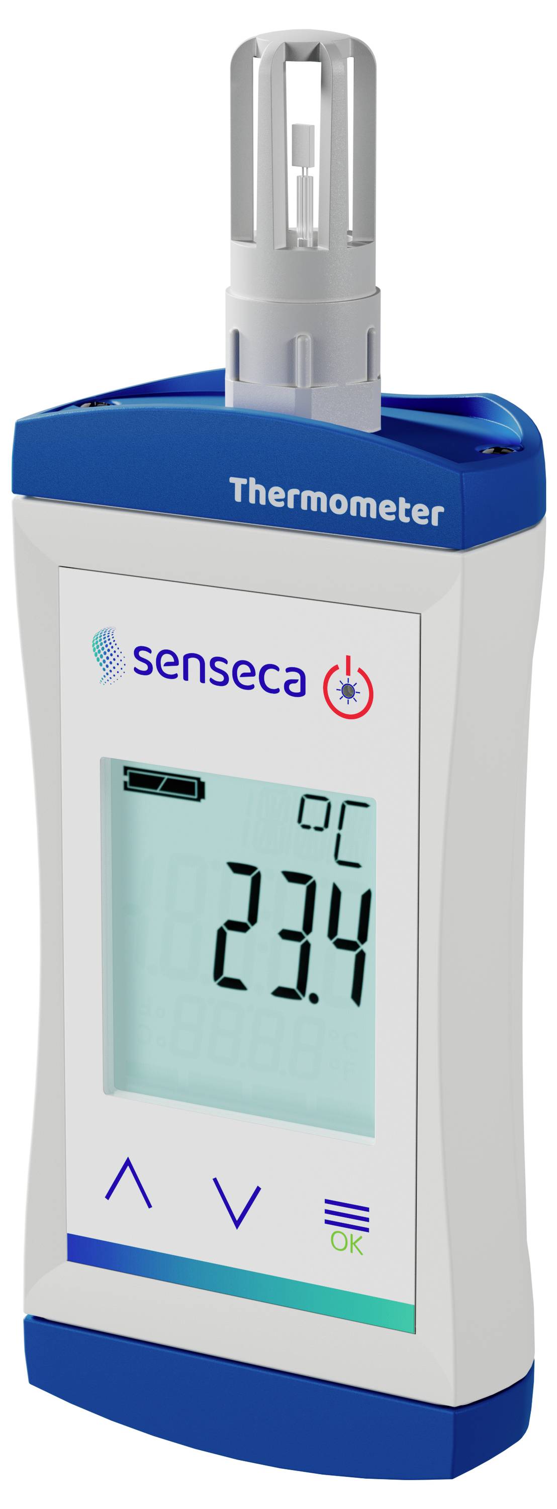Ein digitales Thermometer zeigt eine Temperatur von 23,4 Grad Celsius an. Mit blauem Gehäuse und weßem Hintergrund.