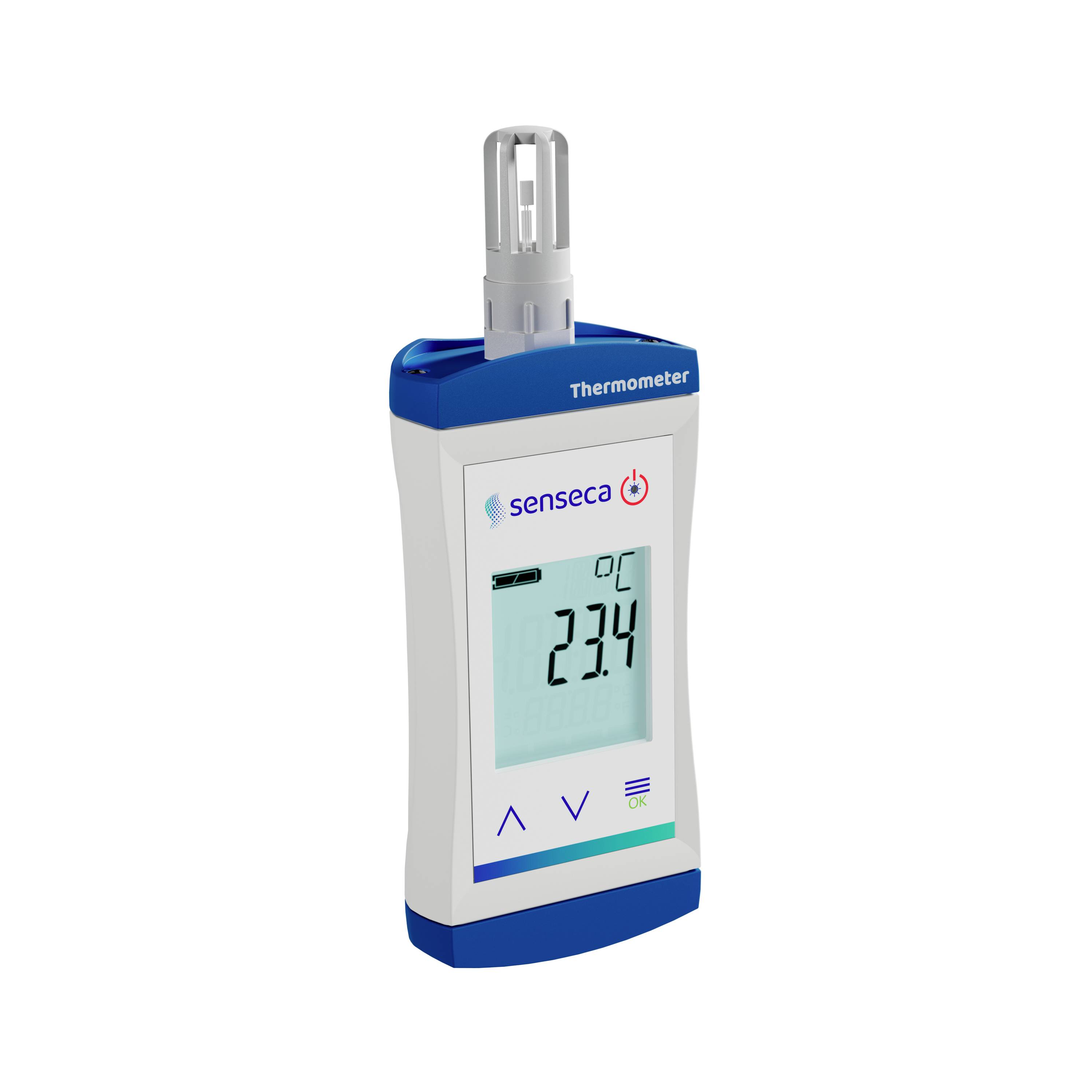 Digitale Temperaturanzeige bei 23,4 Grad Celsius auf einem handlichen Thermometergerät mit blauem und weißem Design.