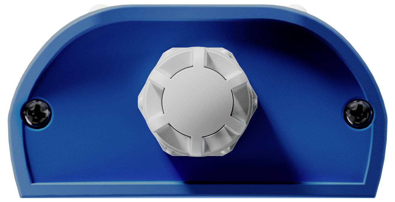 Blauer Schutzdeckel mit zentralem weißen Drehknopf, flankiert von zwei schwarzen Schrauben.
