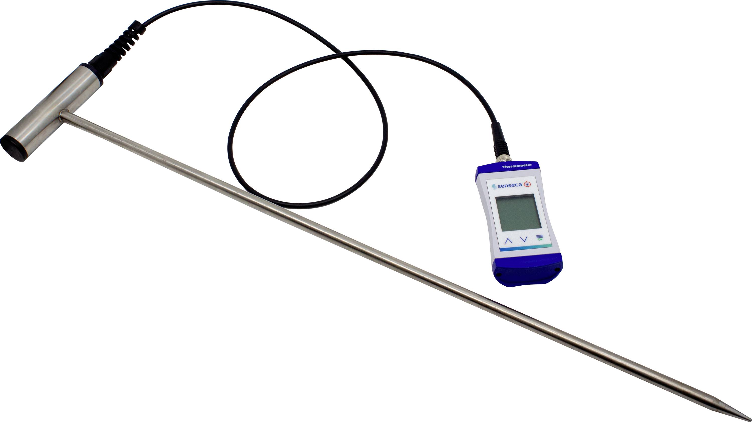 Eine Metallsonde mit einem angeschlossenen tragbaren digitalen Anzeigerät, die zur Temperaturmessung oder wissenschaftlichen Datenerfassung verwendet wird.