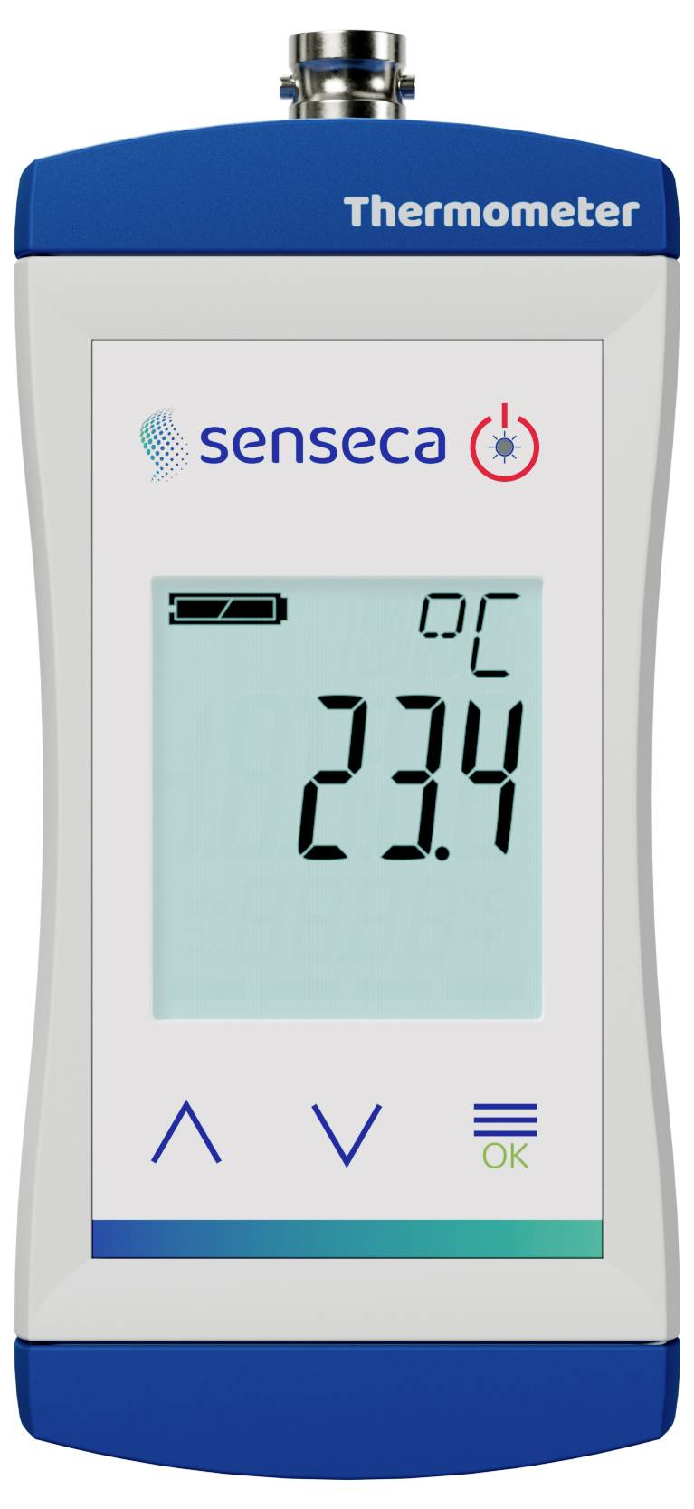 Ein tragbares digitales Thermometer, das eine Temperatur von 23,4°C anzeigt, mit Navigationstasten unterhalb des Displays.