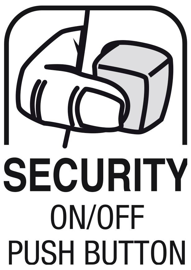 Hand drückt einen Knopf mit der Beschriftung 'SICHERHEIT EIN/AUS DRUCKKNOPF' darunter.