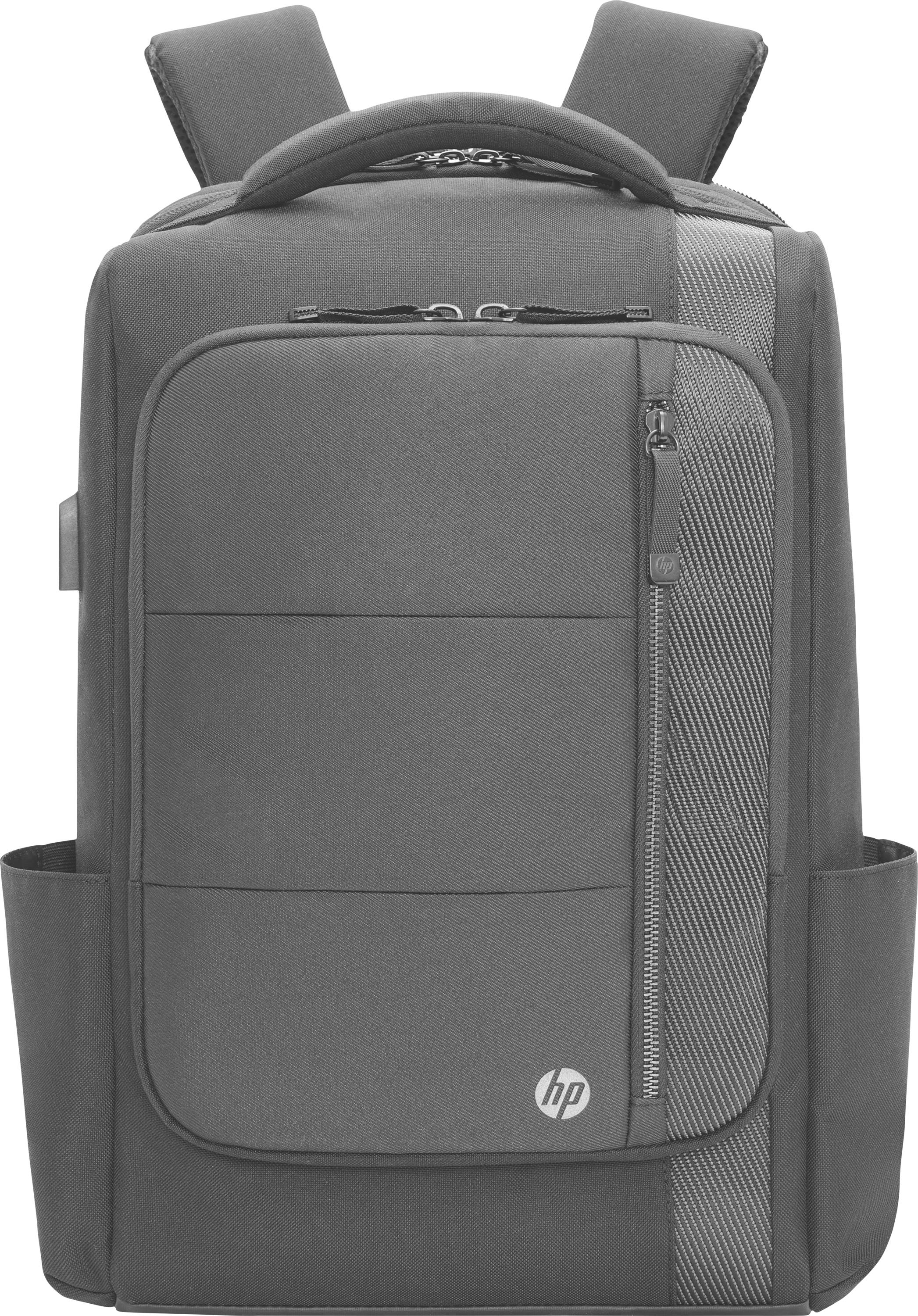 Grauer Rucksack mit mehreren Taschen und Reißverschlüssen, HP-Logo unten.
