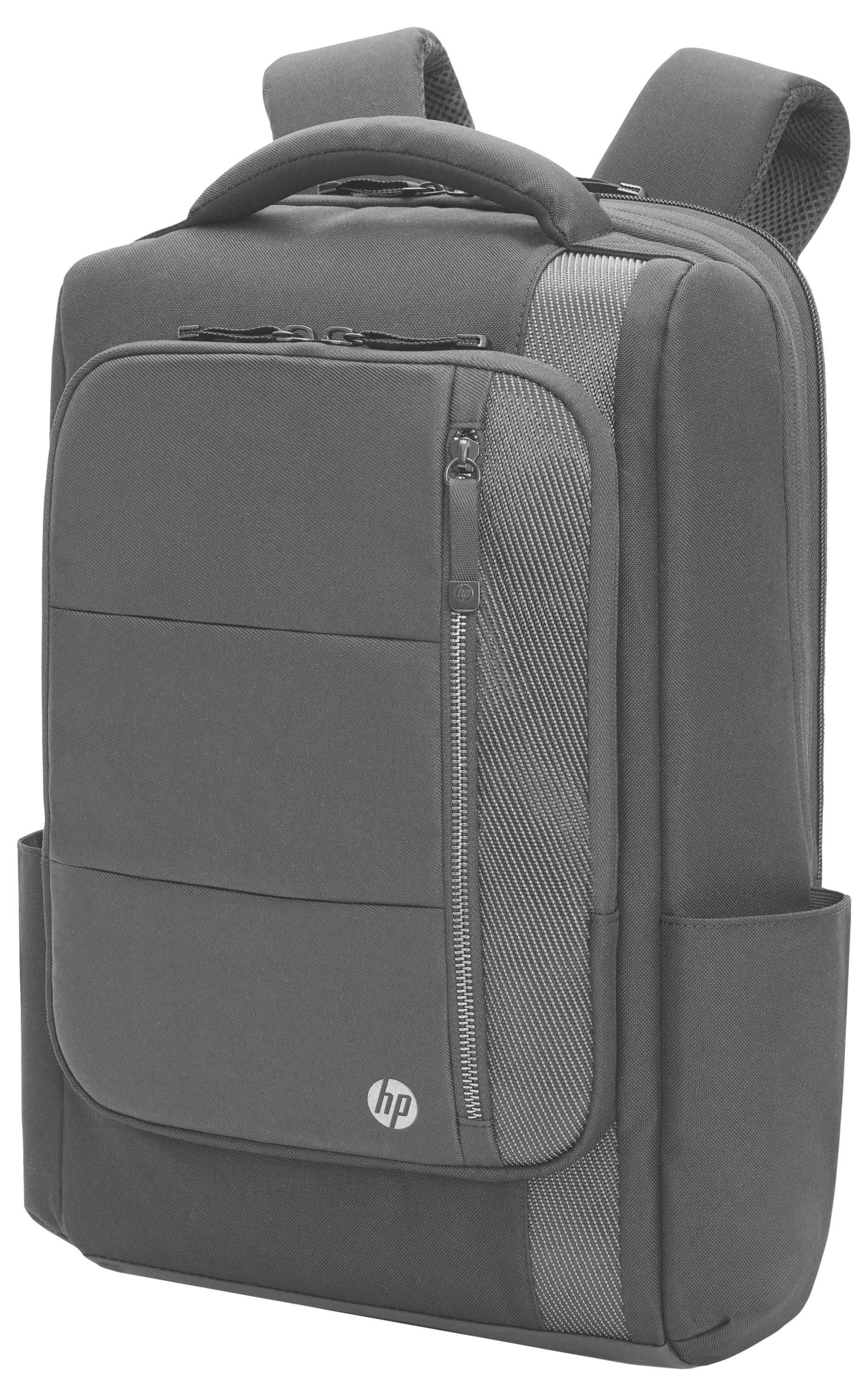 Ein grauer Laptop-Rucksack mit mehreren Fächern und seitlichen Taschen, geeignet für den sicheren Transport elektronischer Geräte.