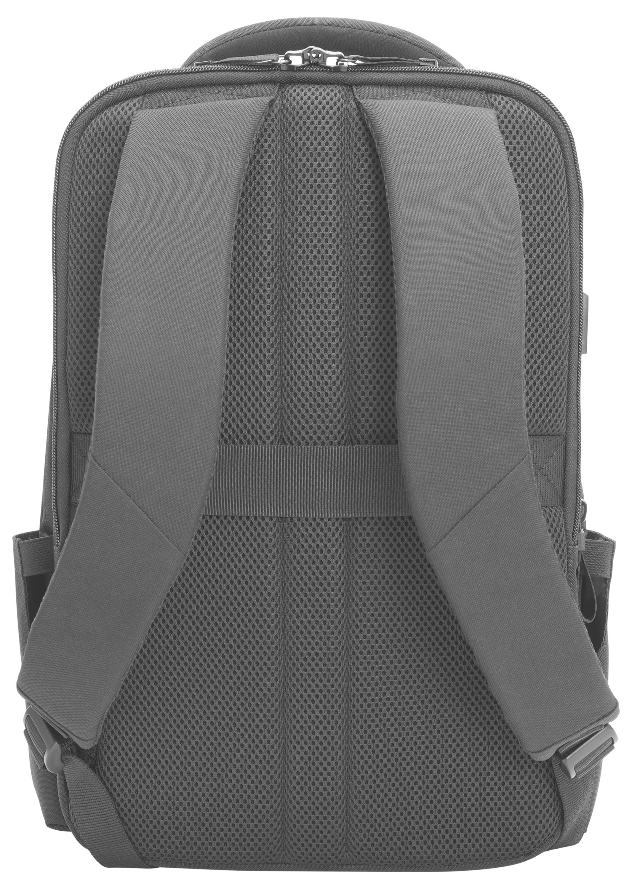 Ein grauer Rucksack von hinten mit gepolsterten Trägern und Netzeinsatz für Komfort.