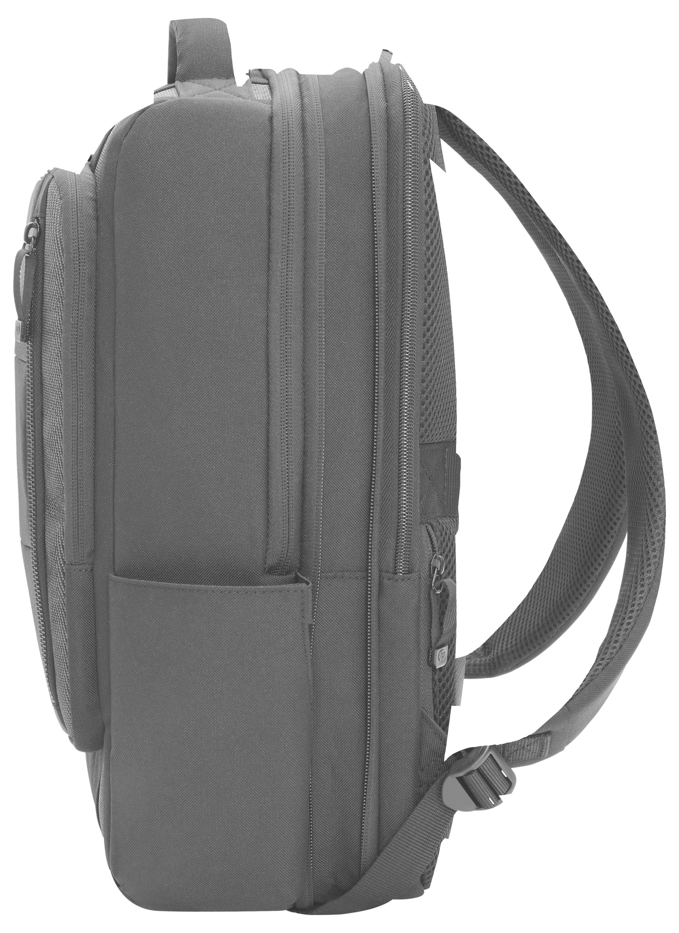 Grau-schwarzer Rucksack von der Seite mit zwei Hauptfächern und verstellbaren Schultergurten.