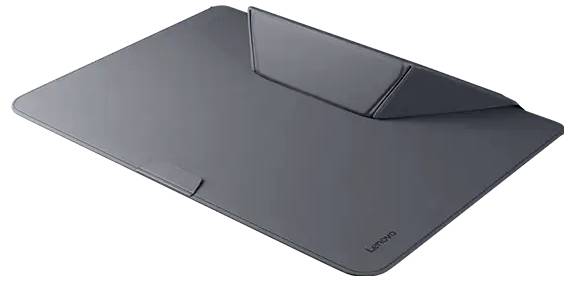 Die Abbildung zeigt eine graue Lenovo-Laptophülle mit einer glatten Oberfläche und einer Klappe oben für den Schutz.