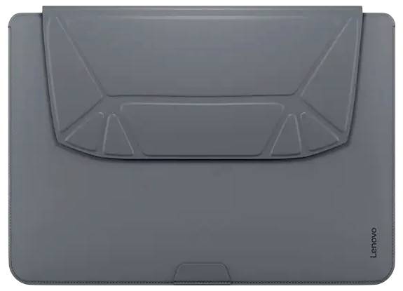 Eine graue Laptop-Hülle mit gefaltetem Flap-Design. Die Marke 'Lenovo' ist unten rechts eingeprägt.