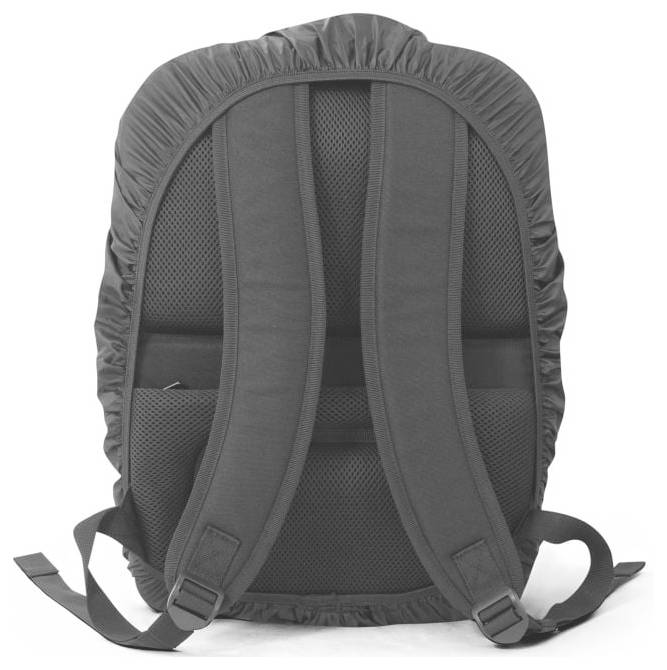 Ein grauer Rucksack von hinten, zeigt gepolsterte Schultergurte und einen elastischen Rand an der Oberseite.