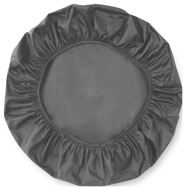 Runde, schwarze Duschhaube aus glattem, glänzendem Material mit elastischem Rand.