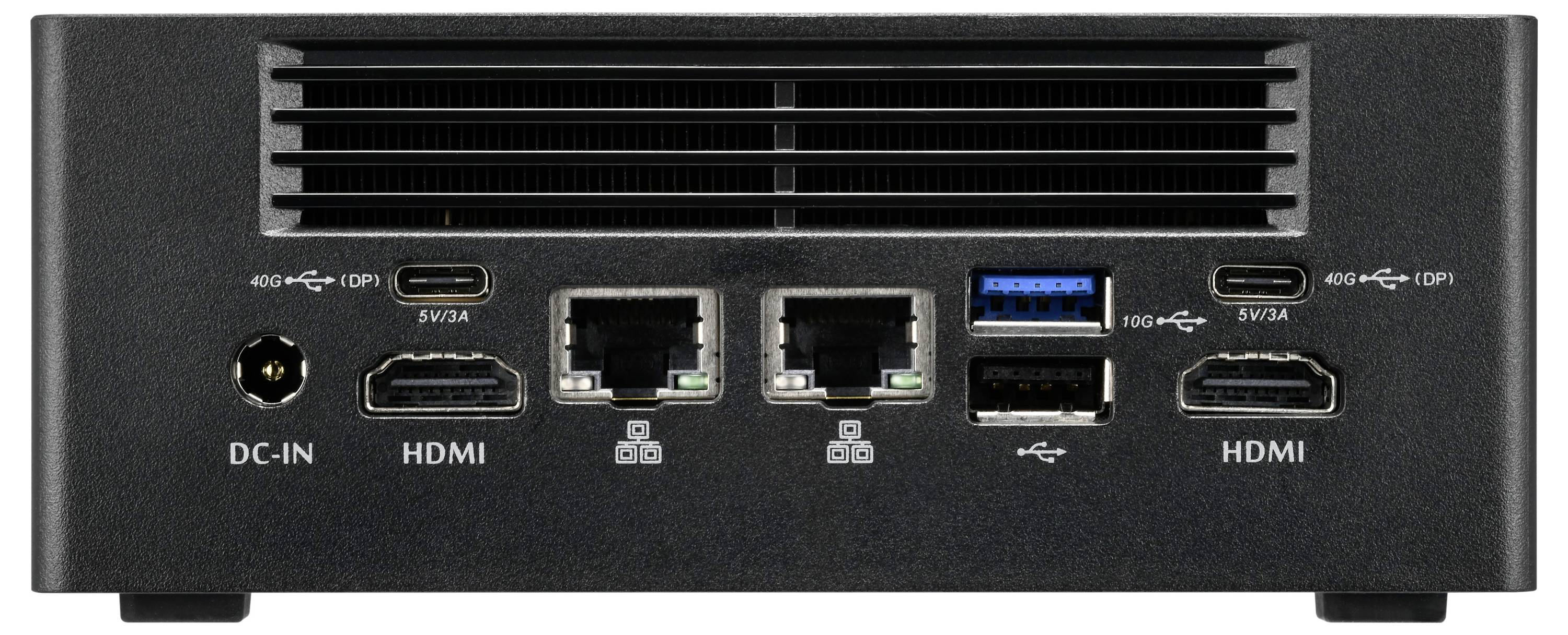 Rückansicht eines schwarzen Geräts mit Anschlüssen: DC-IN, zwei HDMI, zwei USB, zwei LAN-Ports. Lüftungsgitter oben.