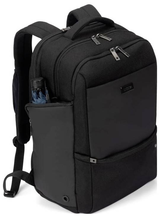 Schwarzer Rucksack mit mehreren Fächern und Reißverschlüssen, Regenschirm in der Seitentasche. Geeignet für Reisen und Alltag.