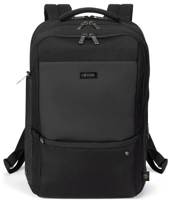 Ein schwarzer Rucksack mit mehreren Fächern und Reißverschlüssen. Im Vordergrund ein Fach mit sichtbarem Markenlogo.