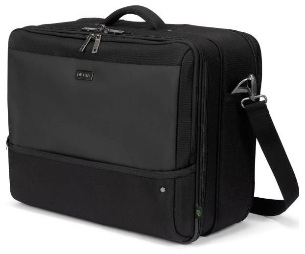 Eine schwarze Laptoptasche mit Reißverschlüssen, Tragegriff und Schultergurt.