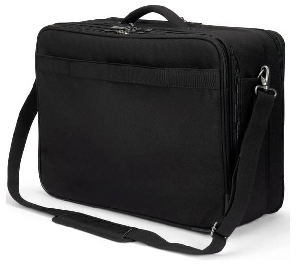 Schwarze Aktentasche mit Tragegriff und Schulterriemen, geeignet für Bürobedarf oder als Laptop-Tasche.