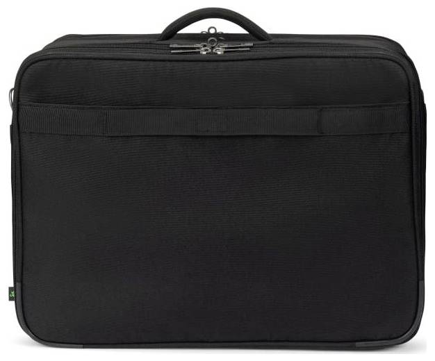 Eine schwarze Laptoptasche mit Reißverschlüssen und einem Tragegriff oben, aufrecht stehend vor einem weißen Hintergrund.