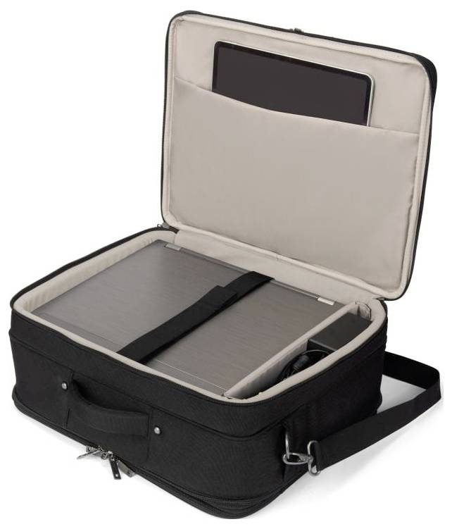 Eine geöffnete schwarze Laptoptasche mit zwei Fächern. Im unteren Fach liegt ein Laptop, im oberen ein Tablet.