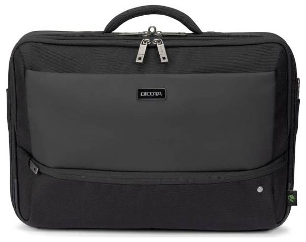 Schwarze Laptop-Tasche mit Reißverschluss, Tragegriff oben und kleinem Logo vorne.