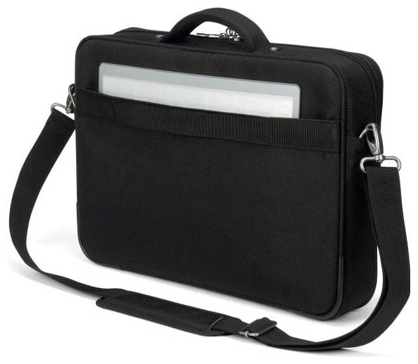 Schwarze Laptoptasche mit Tragegurt, vorderem Fach und sichtbarem Laptop. Ideal für mobilen Transport und Schutz eines Laptops.
