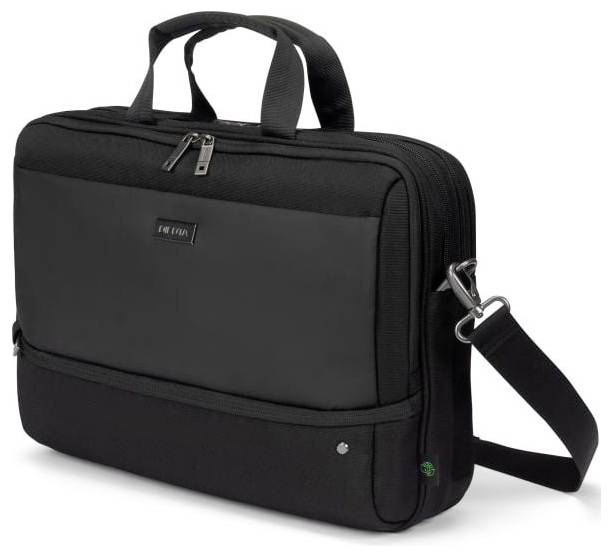 Schwarze Laptoptasche mit Tragegriff und abnehmbarem Schulterriemen. Vorderseite hat ein Reißverschlussfach. Ideal für Beruf und Reisen.