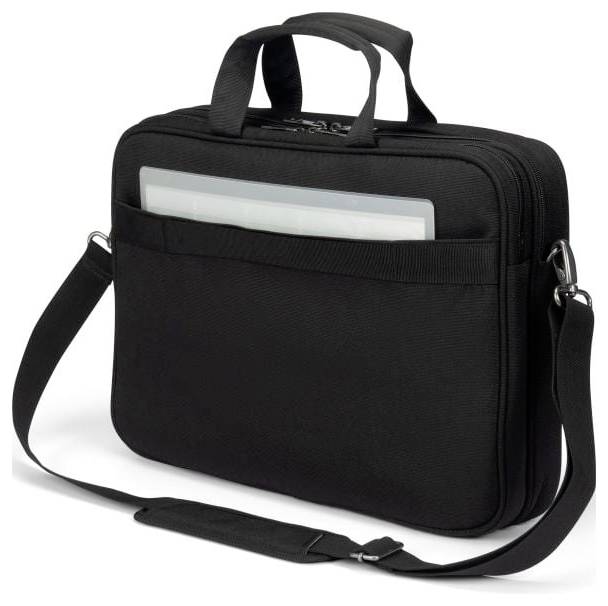 Eine schwarze Laptoptasche mit Schulterriemen und zwei Griffen. In der Vorderseite ist eine Tasche mit einem weißen Dokument sichtbar.