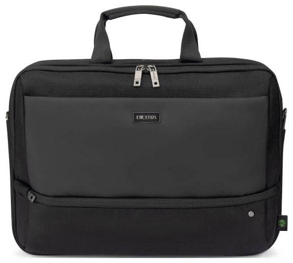 Eine schwarze Business-Tasche mit zwei Griffen und einem Reißverschluss, geeignet für den Transport von Laptops oder Dokumenten.