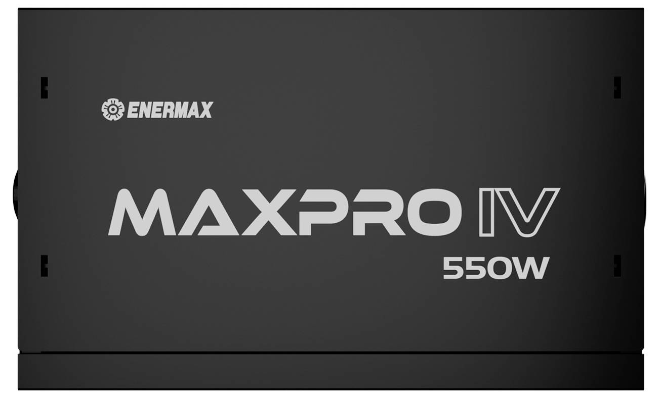 Netzteil 'Enermax MaxPro IV 550W' mit schwarzem Gehäuse, Logo und Modellname in fetten Buchstaben.