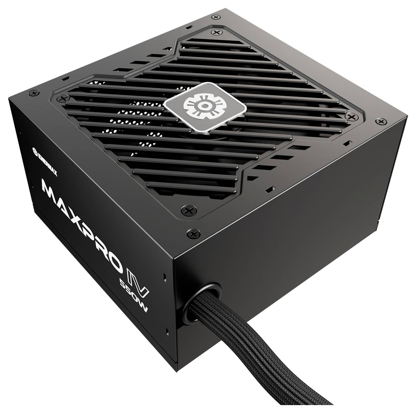 Eine schwarze MaxPro IV 600W Netzteileinheit mit modularem Kabeldesign, ausgestattet mit einem Lüftungsgitter an der Oberseite mit einem Logo in der Mitte.