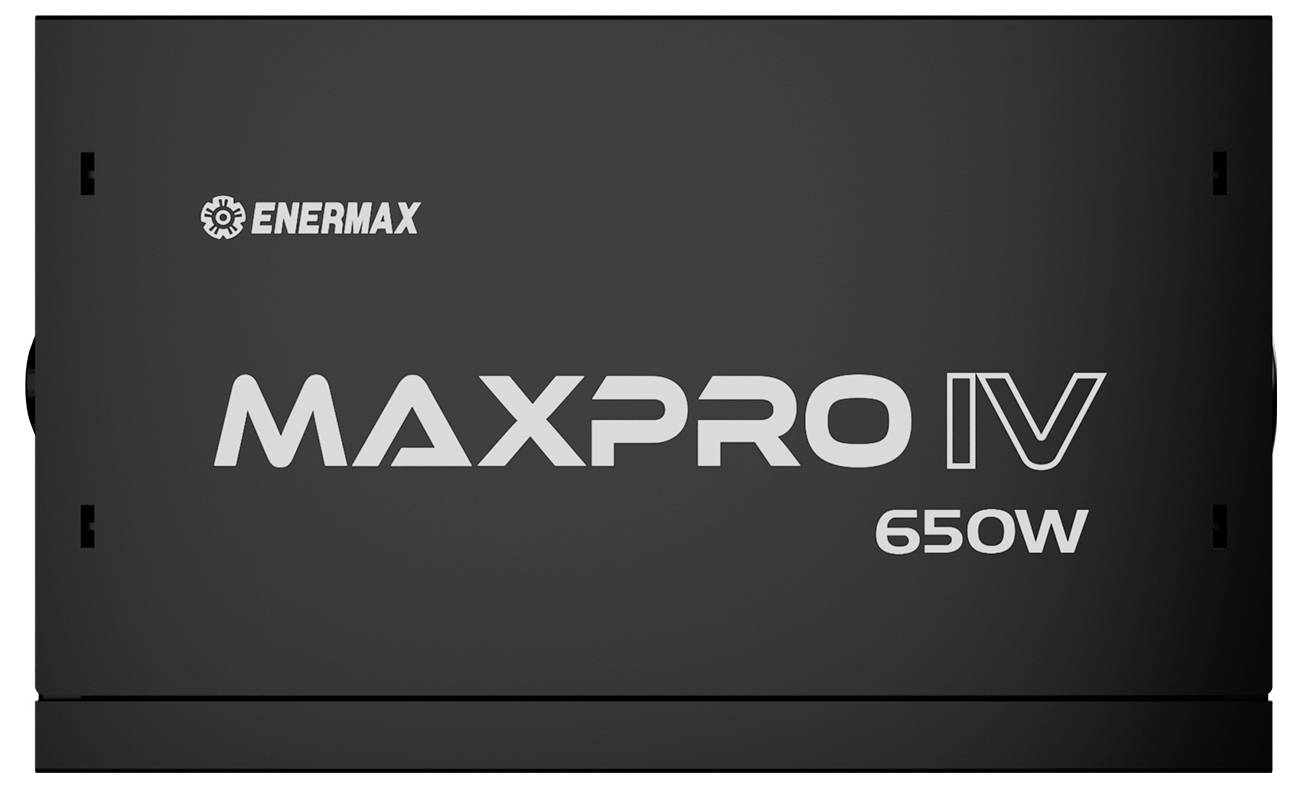 Netzteil 'Enermax Maxpro IV 650W' mit schwarzem Gehäuse und weißer Beschriftung.