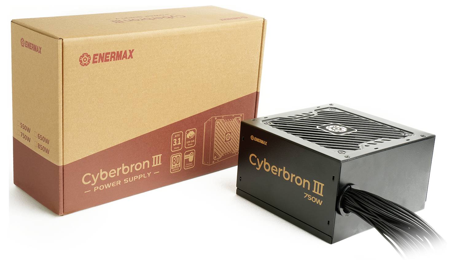 Enermax Cyberbron III Netzteil-Box neben der 750-Watt-Einheit mit angeschlossenen Kabeln, wobei Produktmarke und -design präsentiert werden.