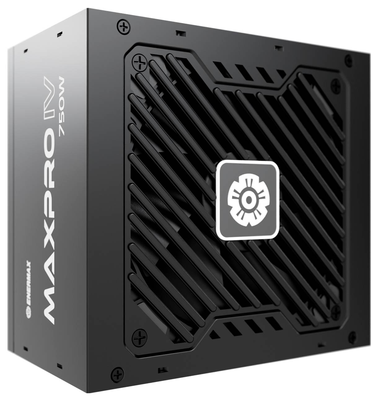 Netzteil 'MAXPRO IV 750W' mit schwarzem Gitterdesign und Zahnrad-Symbol.