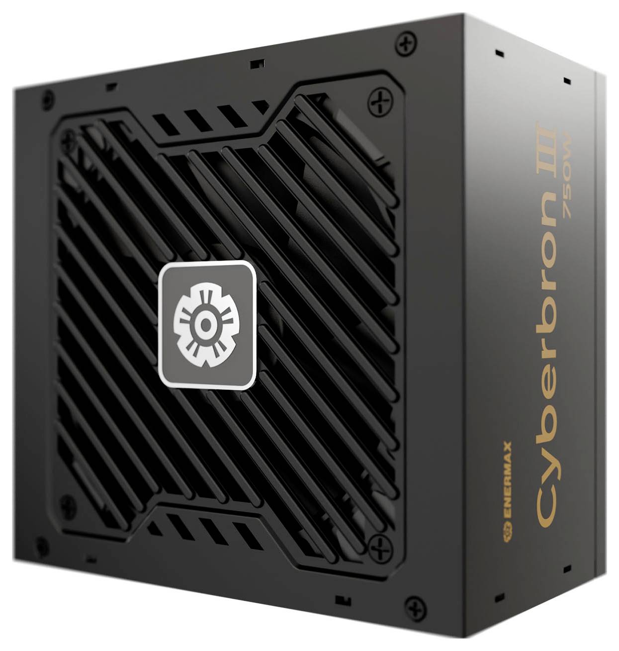 Ein schwarzes Enermax Cyberbron III 750W Netzteil mit einem Gitter und einem Lüfter auf einer Seite. Die Marke und der Modellname sind auf der Seite gedruckt.