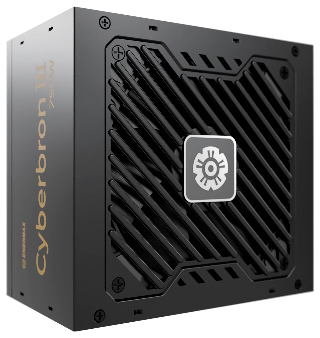 Eine Nahaufnahme eines schwarzen Computer-Netzteils mit der Beschriftung „Cyberbron III 750W