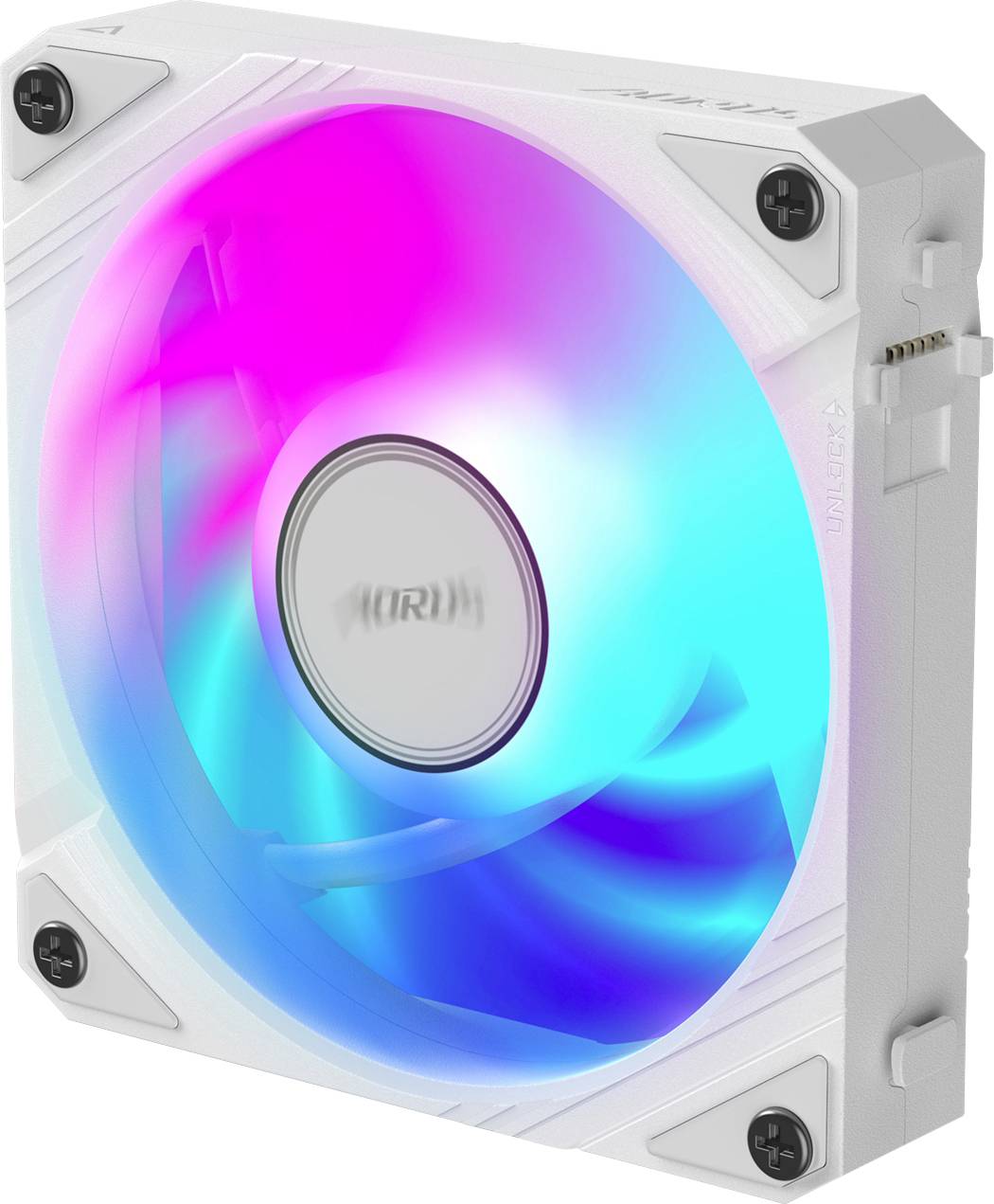 Ein weißer Computerkühlventilator mit leuchtenden RGB-LEDs in Blau, Rosa und Lila. Der Ventilator hat ein quadratisches Gehäuse.