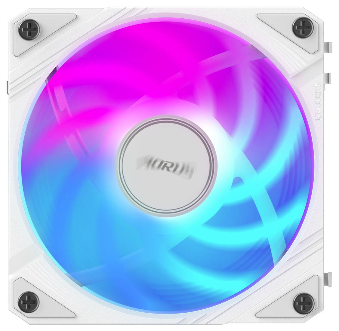 Ein Computerlüfter mit mehrfarbiger LED-Beleuchtung, die rosa und blau leuchtet, in einem weißen Gehäuse montiert.