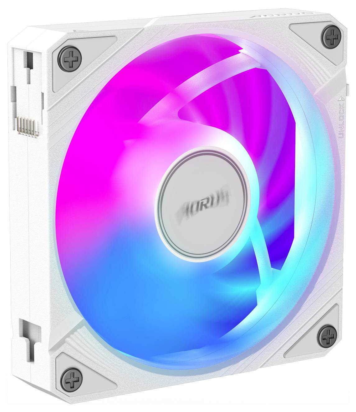 Ein quadratischer Computerlüfter mit RGB-Beleuchtung in rosa und blau, weißem Rahmen und sichtbaren Schrauben an den Ecken.