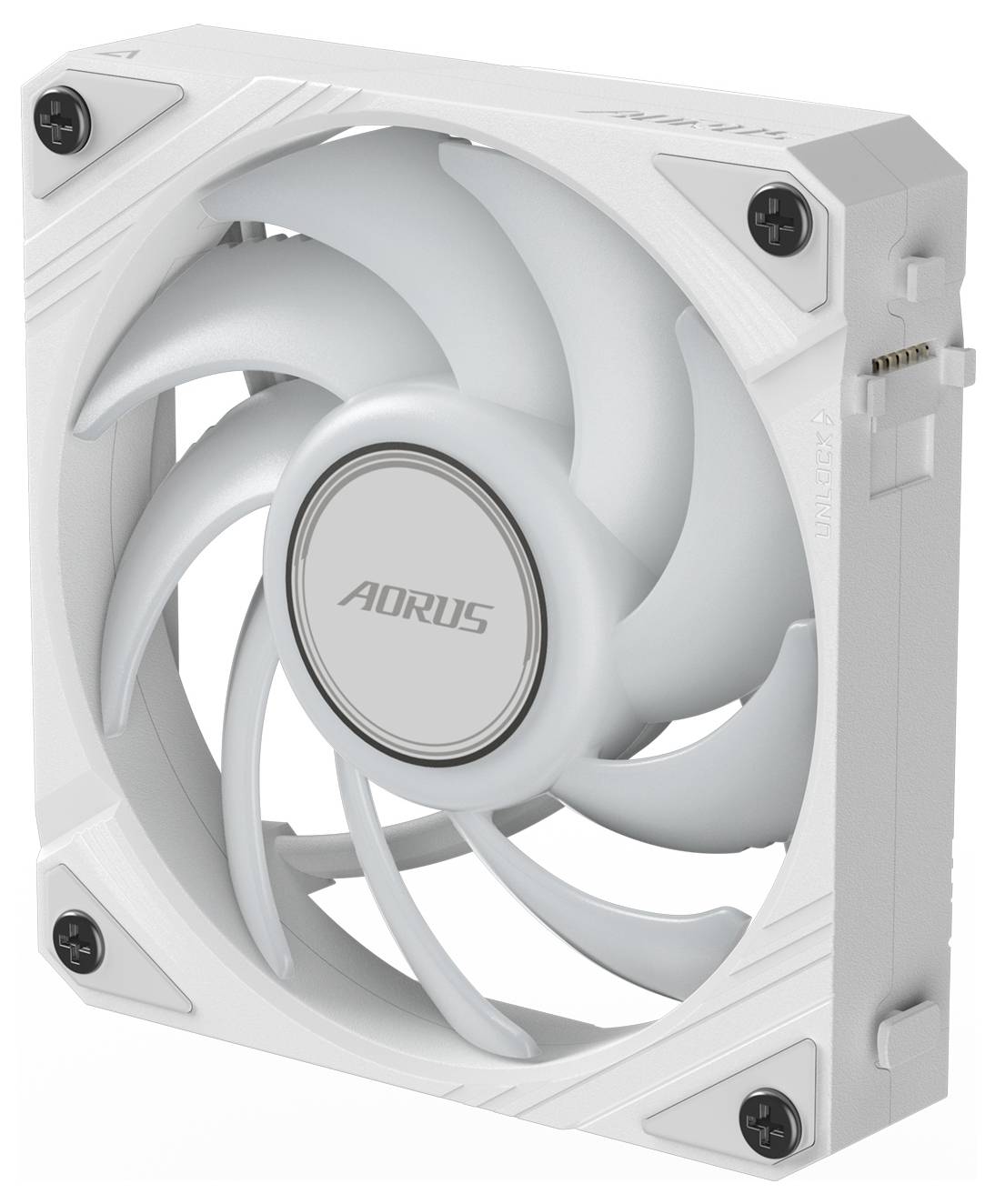 Ein weißer Computerlüfter mit der Aufschrift 'AORUS' in der Mitte, umgeben von weißen Flügeln. Ideal für Computergehäuse-Kühlung.