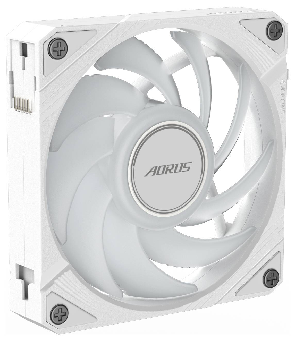 Ein weißer Computerlüfter mit dem Logo 'AORUS' in der Mitte, montiert in einem quadratischen Rahmen, geeignet zur Kühlung von PCs.