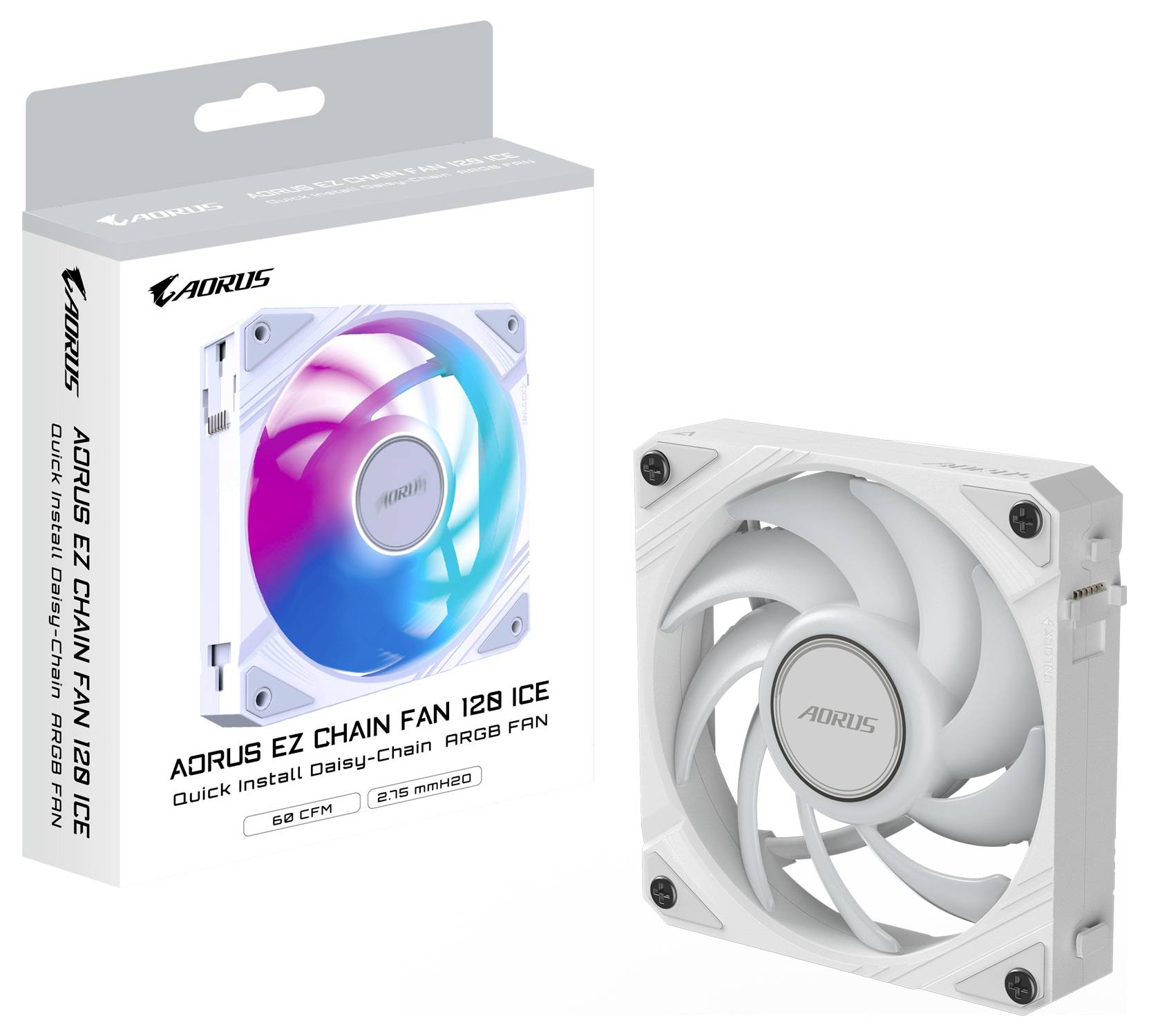PC-Armlüfter mit RGB-Licht in Weiß, markiert mit 'AORUS EZ CHAIN FAN 120 ICE'. Die Verpackung zeigt Installationsanleitung und Spezifikationen.