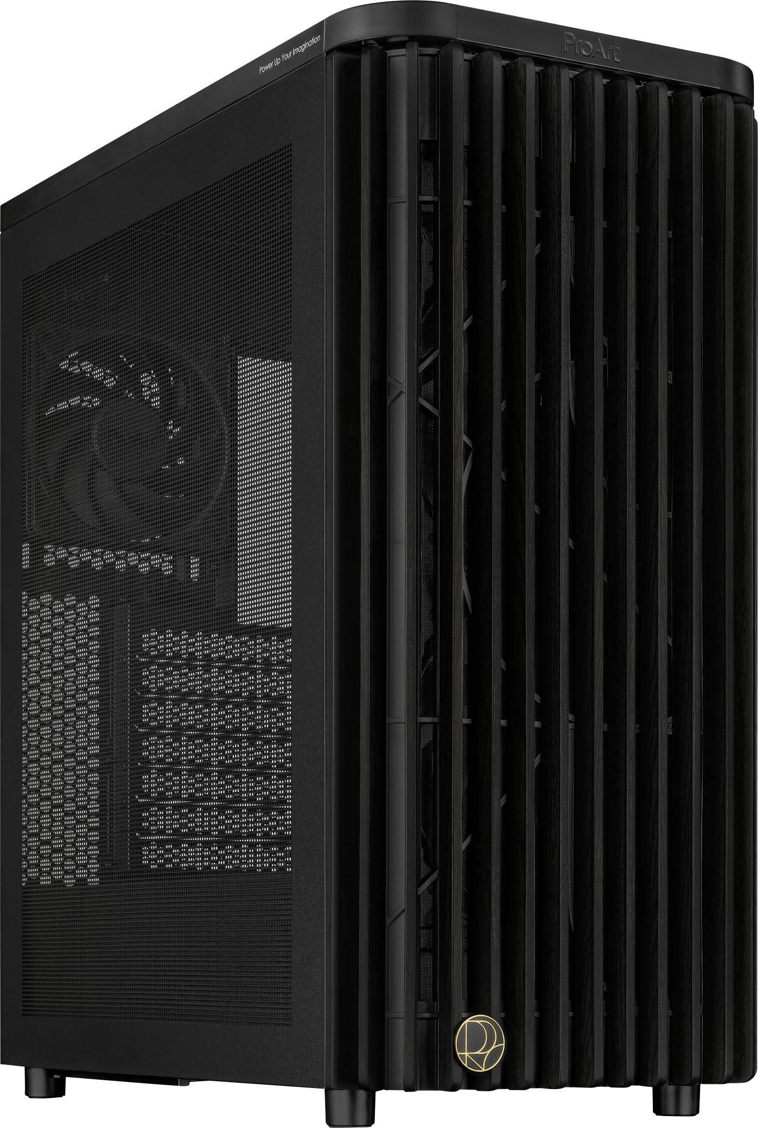 Ein schwarzes Computer-Tower-Gehäuse mit Mesh-Panels zur Belüftung und einem vertikalen Logo am unteren vorderen Bereich.