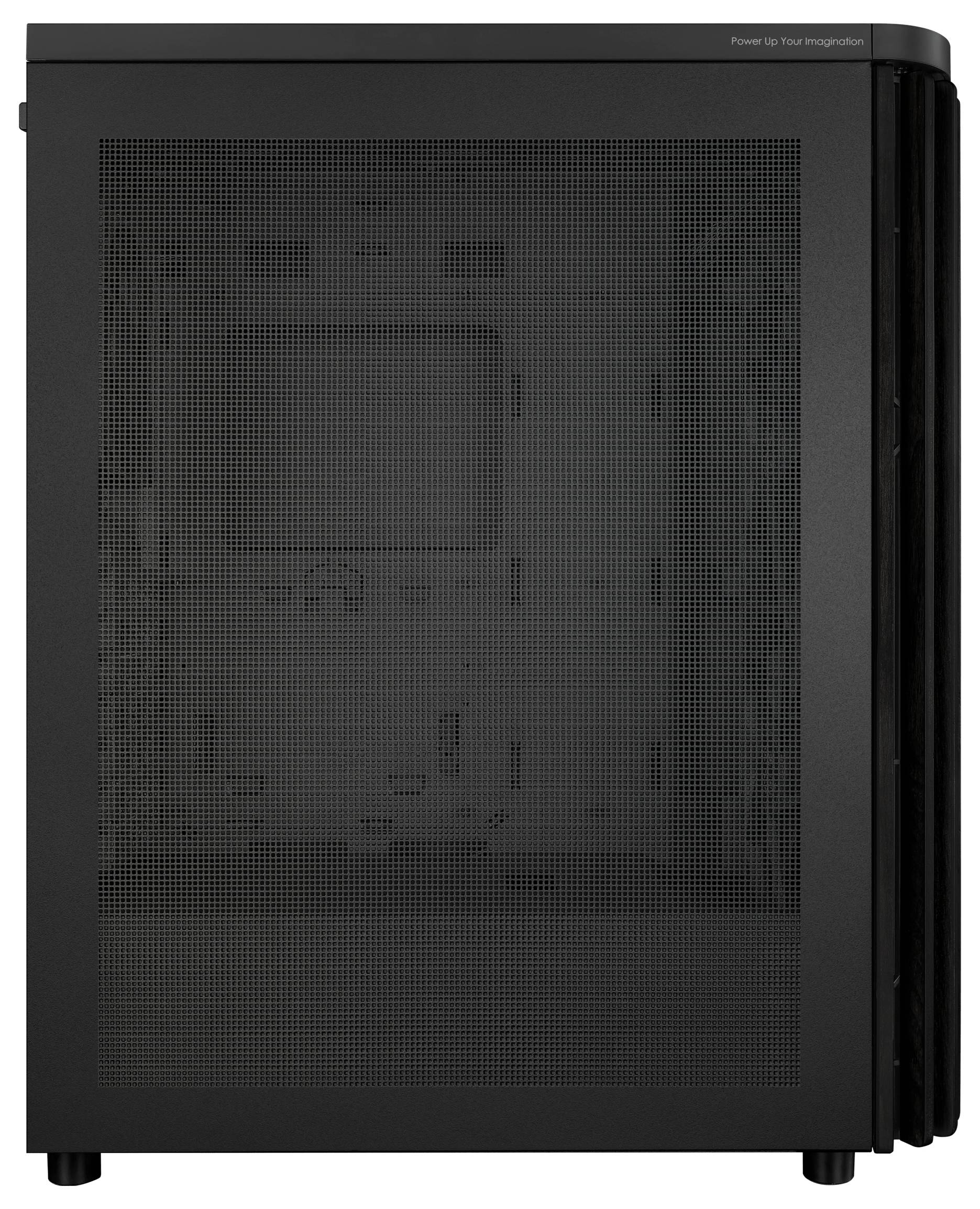 Schwarzes Computergehäuse mit Mesh-Front, Seitenansicht zeigt Innenkomponenten. Überschrift oben lautet 