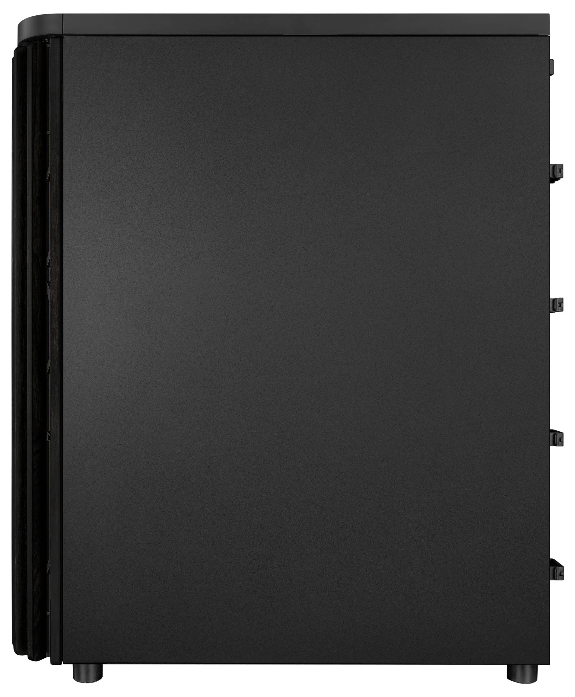 Ein schwarzes Computer-Tower-Gehäuse, von der Seite betrachtet, mit einem eleganten, minimalistischen Design ohne sichtbare Hardware oder Merkmale.