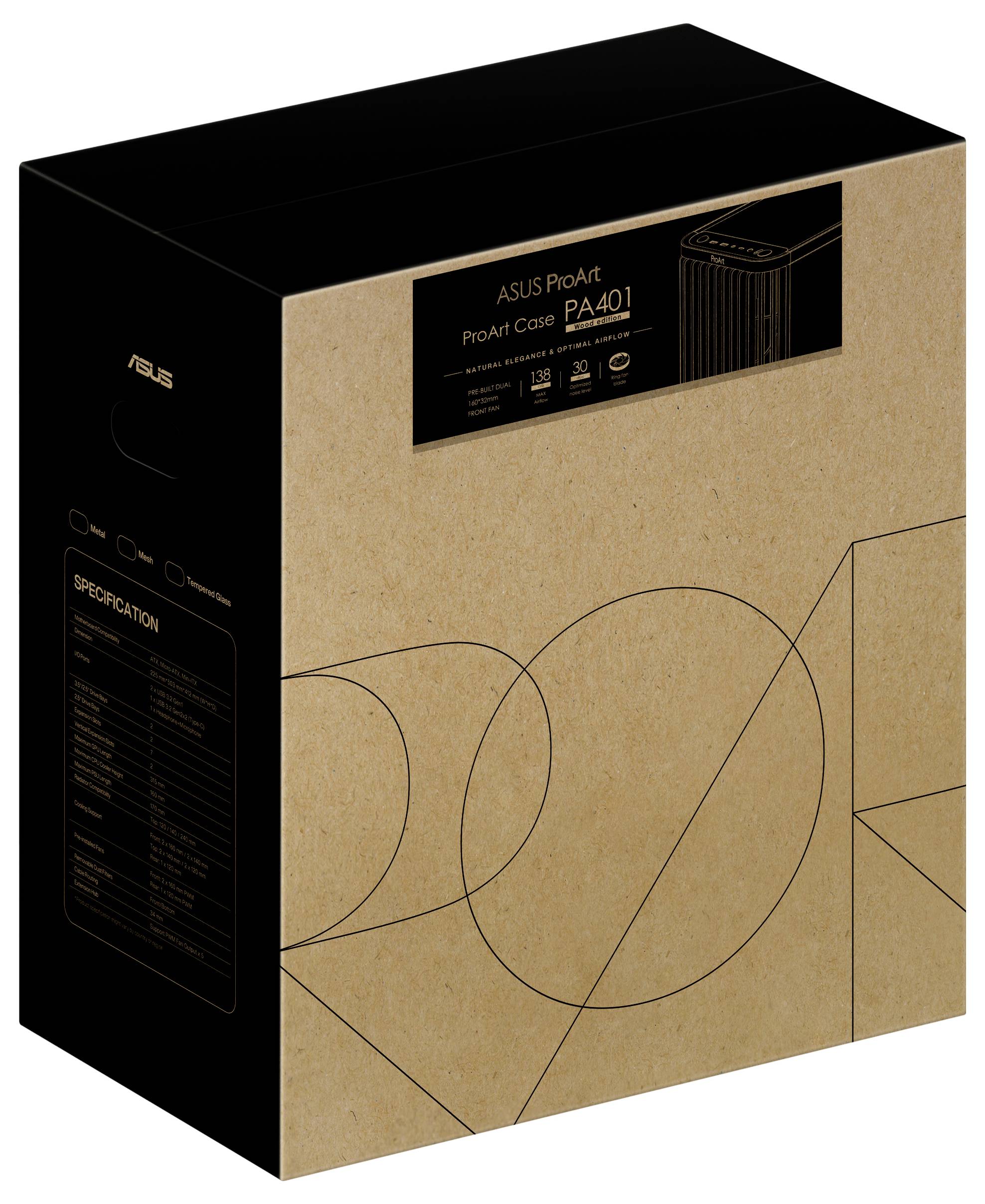 Eine braune Box mit minimalistischem schwarzem Text und Linienkunst-Design, beschriftet mit 'ASUS ProArt Case PA401.' Auf der Seite befinden sich Spezifikationen.