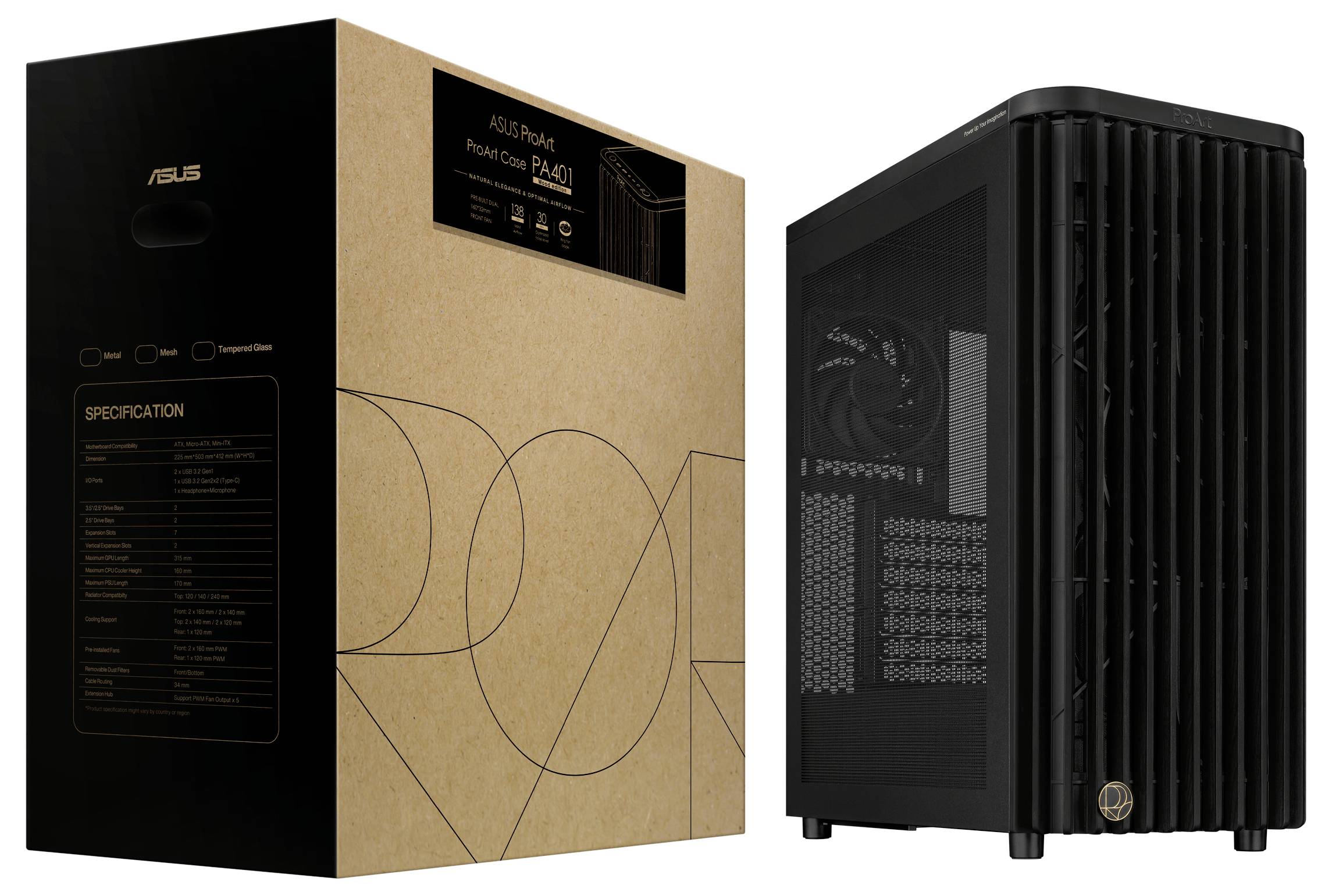 Ein schwarzes Computergehäuse mit Frontgitterdesign wird neben einer braunen ASUS ProArt Box gezeigt, die mit 