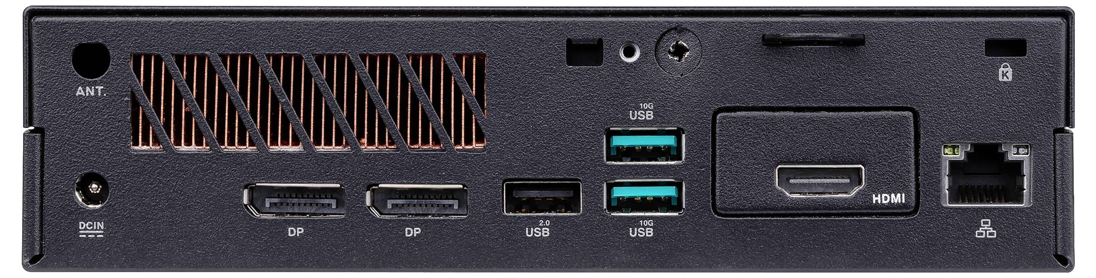 Rückseite eines Computers mit verschiedenen Anschlüssen: Antenne, Strom, drei DisplayPorts, zwei USB, HDMI und Ethernet.
