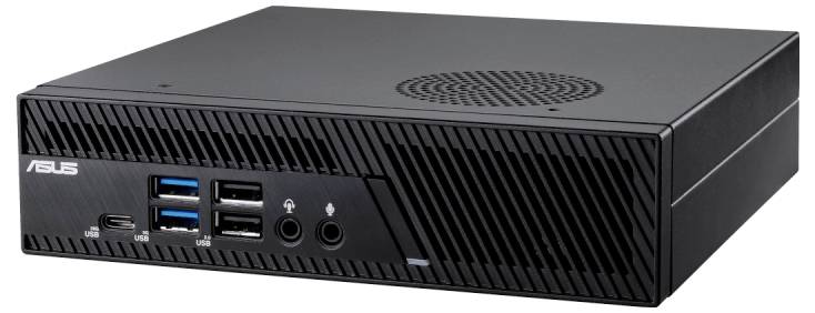 Ein kompakter schwarzer Desktop-Computer mit verschiedenen USB-Anschlüssen, Audioports und Belüftung auf der Oberseite, geeignet für vielseitige Computertätigkeiten.