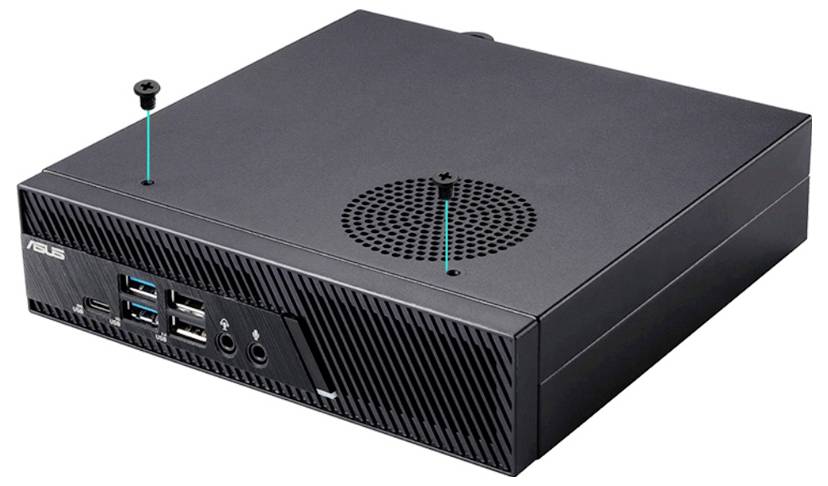 Ein schwarzer ASUS Mini-Desktop-Computer mit Frontanschlüssen, einschließlich USB- und Audiobuchsen, mit auf der Oberseite hervorgehobenen Schrauben zum Befestigen.