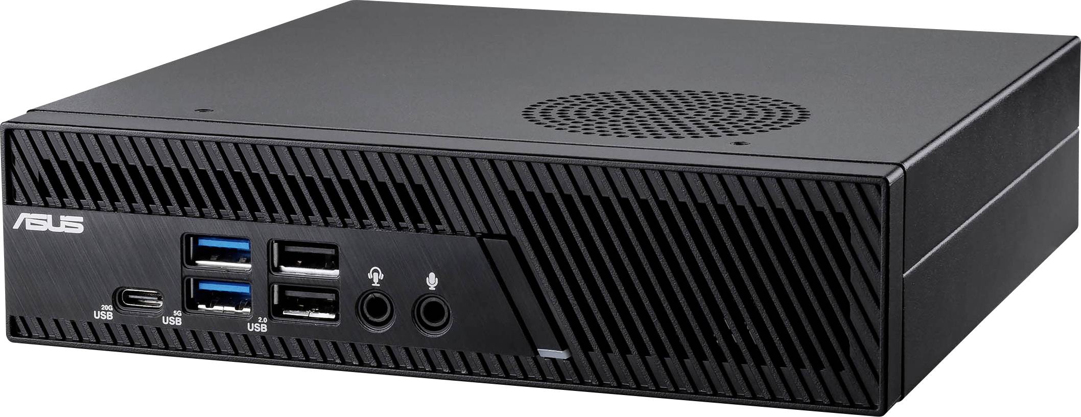 Kompakter schwarzer Mini-PC mit ASUS-Logo, mehreren USB-Anschlüssen und Audioanschlüssen auf der Vorderseite, Ventilatorgitter oben.